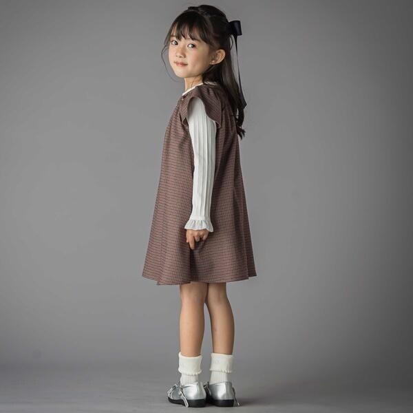 ベベ プチ ポワ ヴェール（BeBe Petits Pois Vert）/千鳥チェックラグランギャザースリーブワンピース(95~150cm)_3