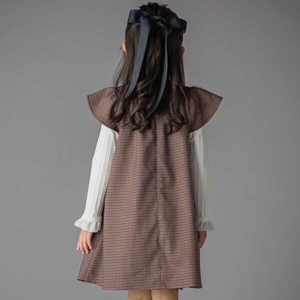 ベベ プチ ポワ ヴェール（BeBe Petits Pois Vert）/千鳥チェックラグランギャザースリーブワンピース(95~150cm)_4