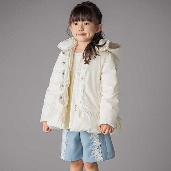 ベベ プチ ポワ 頭を覆う物（BeBe Petits Pois Vert）/フラウンス襟スカラップタフタダウンコート(95~160糎)