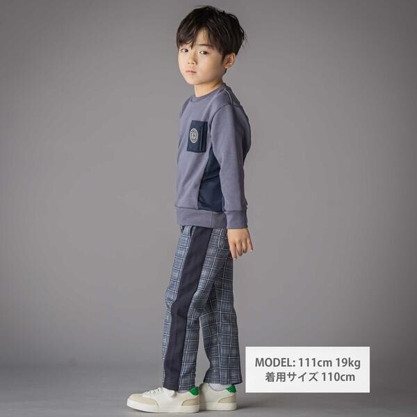 ベベ プチ ポワ ヴェール（BeBe Petits Pois Vert）/【お揃い】チェック柄裏毛配色切り替えロングパンツ(95~160cm)_3