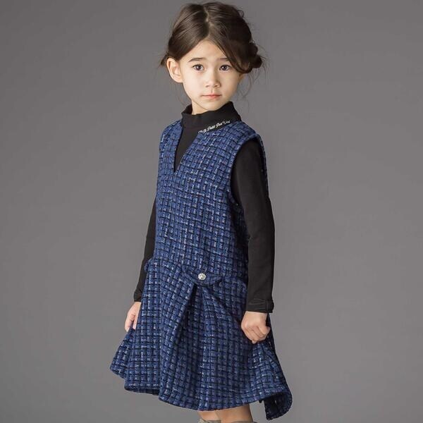 ベベ プチ ポワ ヴェール（BeBe Petits Pois Vert）/Aラインニットツイードジャンパースカート(95~150cm) 7,722円