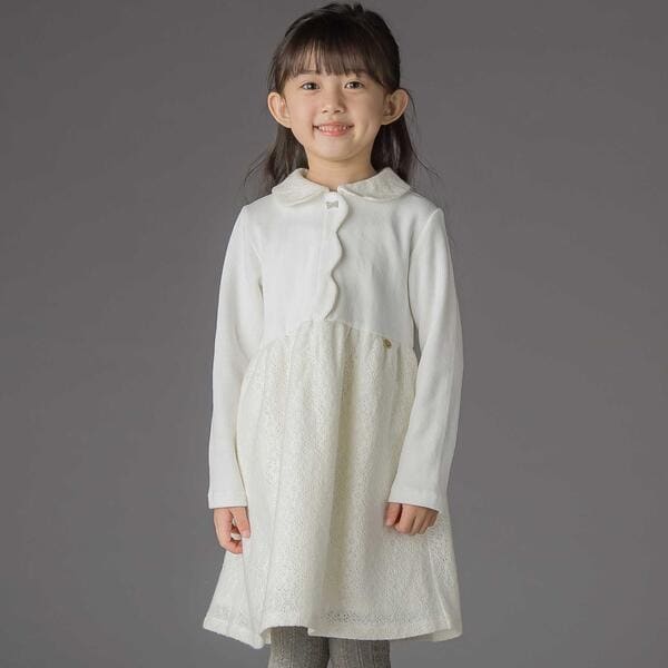ベベ プチ ポワ ヴェール（BeBe Petits Pois Vert）/ニットリブ+レース起毛ドッキング長袖ワンピース(95~150cm)