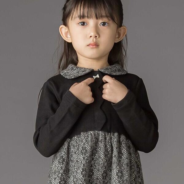 ベベ プチ ポワ ヴェール（BeBe Petits Pois Vert）/ニットリブ+レース起毛ドッキング長袖ワンピース(95~150cm)