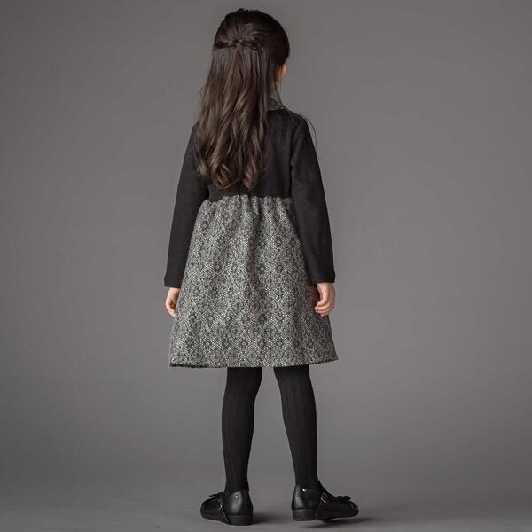 ベベ プチ ポワ ヴェール（BeBe Petits Pois Vert）/ニットリブ+レース起毛ドッキング長袖ワンピース(95~150cm)