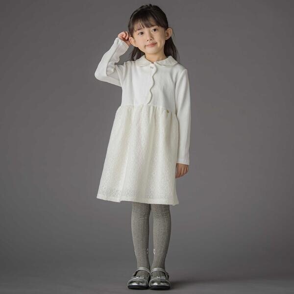 ベベ プチ ポワ ヴェール（BeBe Petits Pois Vert）/ニットリブ+レース起毛ドッキング長袖ワンピース(95~150cm)