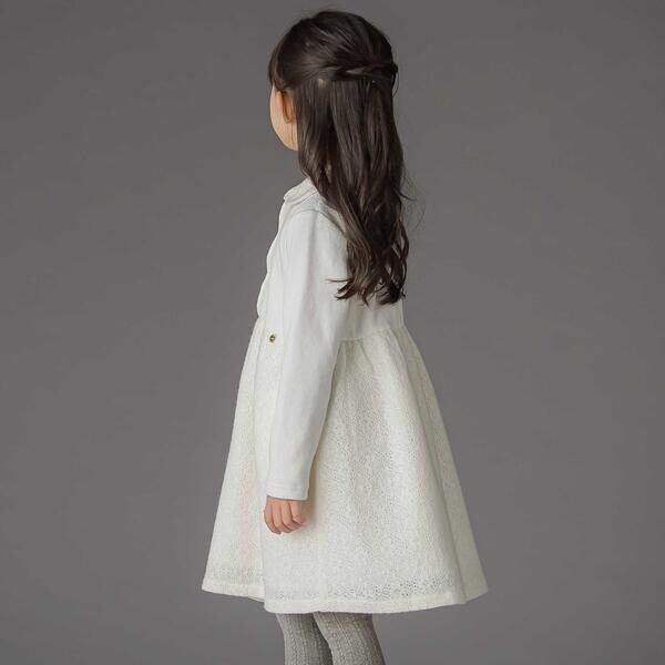 ベベ プチ ポワ ヴェール（BeBe Petits Pois Vert）/ニットリブ+レース起毛ドッキング長袖ワンピース(95~150cm)