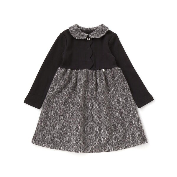 ベベ プチ ポワ ヴェール（BeBe Petits Pois Vert）/ニットリブ+レース起毛ドッキング長袖ワンピース(95~150cm)
