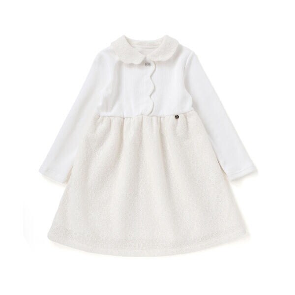 ベベ プチ ポワ ヴェール（BeBe Petits Pois Vert）/ニットリブ+レース起毛ドッキング長袖ワンピース(95~150cm)