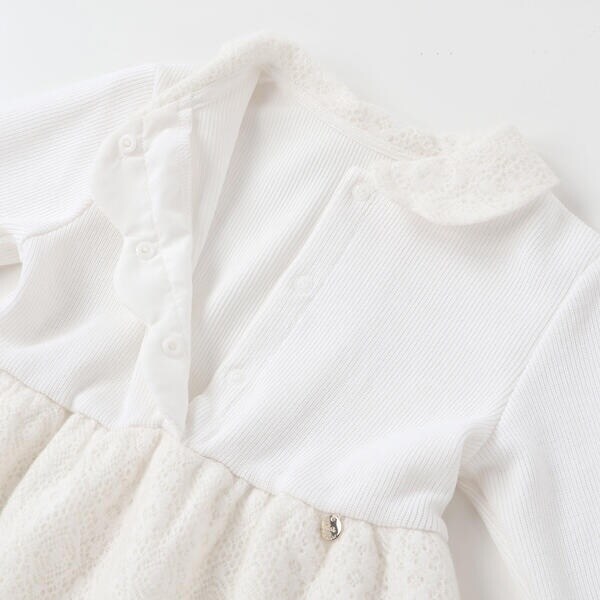 ベベ プチ ポワ ヴェール（BeBe Petits Pois Vert）/ニットリブ+レース起毛ドッキング長袖ワンピース(95~150cm)