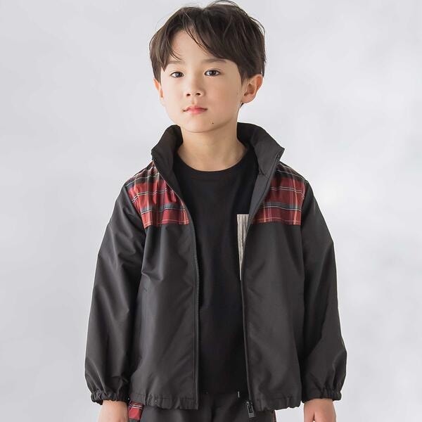 ベベ プチ ポワ ヴェール（BeBe Petits Pois Vert）/【お揃い】タフタ+チェック切り替えジップアップブルゾン(95~150cm)_1