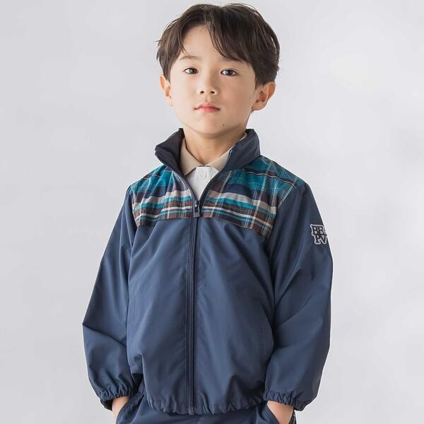 ベベ プチ ポワ ヴェール（BeBe Petits Pois Vert）/【お揃い】タフタ+チェック切り替えジップアップブルゾン(95~150cm)