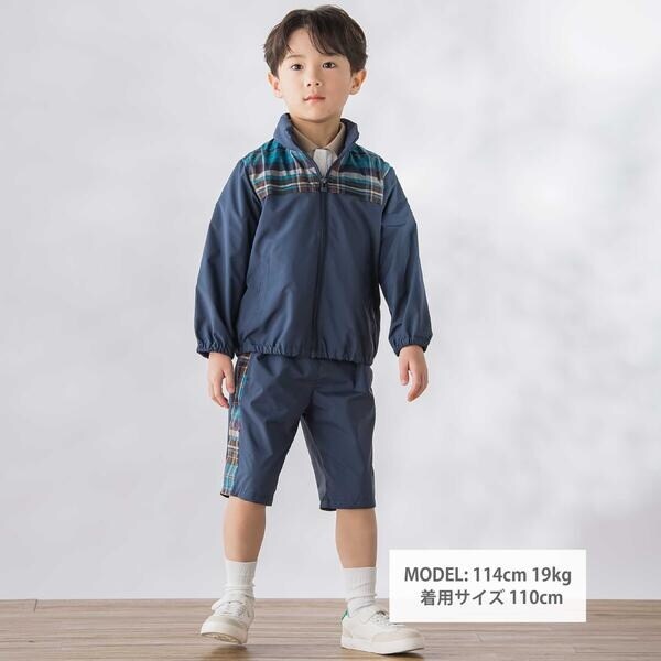 ベベ プチ ポワ ヴェール（BeBe Petits Pois Vert）/【お揃い】タフタ+チェック切り替えジップアップブルゾン(95~150cm)_2