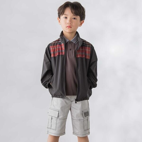 ベベ プチ ポワ ヴェール（BeBe Petits Pois Vert）/【お揃い】タフタ+チェック切り替えジップアップブルゾン(95~150cm)_7