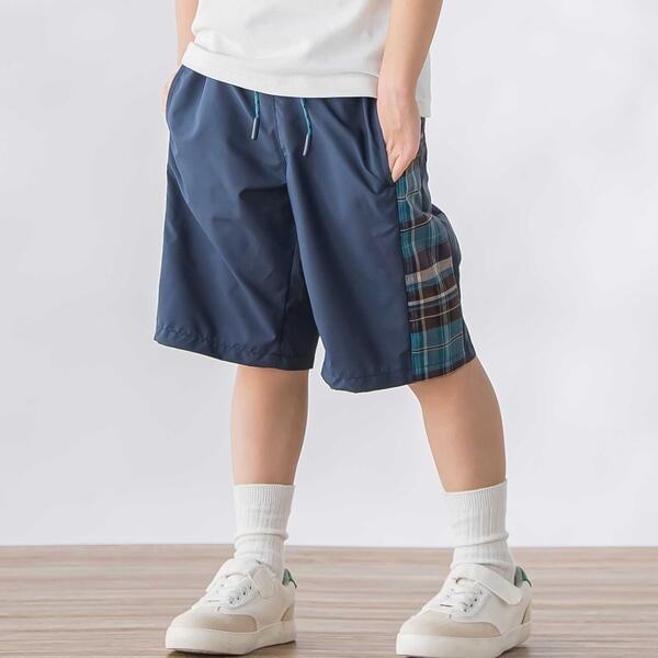 ベベ プチ ポワ ヴェール（BeBe Petits Pois Vert）/【お揃い】タフタ+チェック切り替えハーフパンツ(95~150cm)