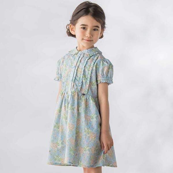 ベベ プチ ポワ ヴェール（BeBe Petits Pois Vert）/花柄フリル襟付きワンピース(95~150cm)_1