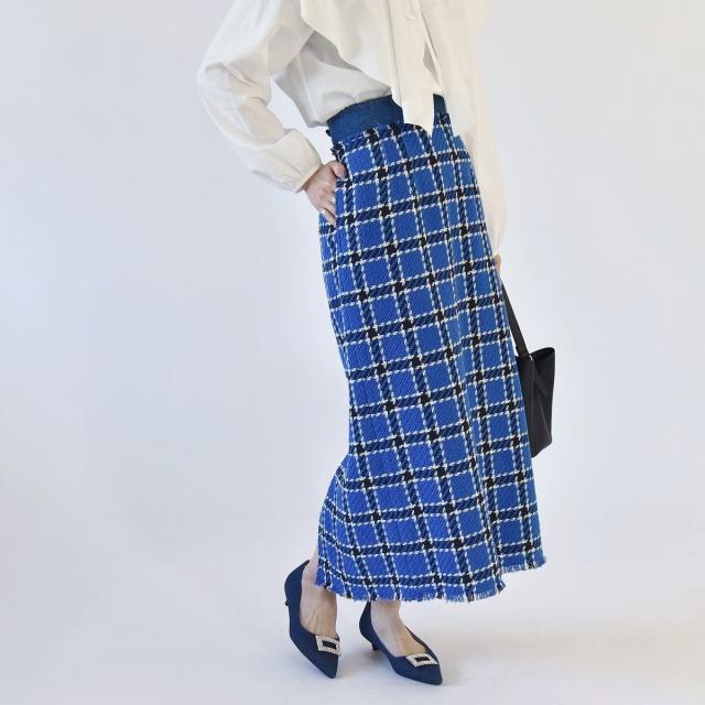 カランシエル（quaranciel）/quaranciel: ブルー ツイード チェック Iライン スカート（セットアップ対応）の通販は