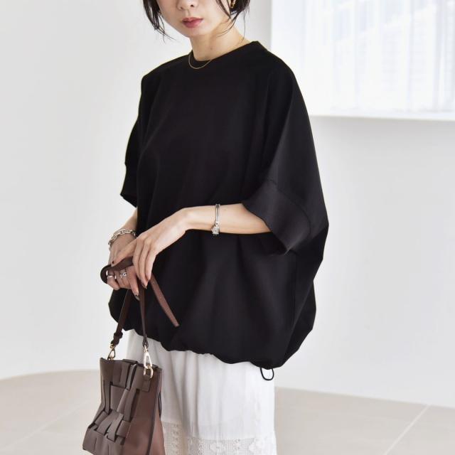 カランシエル（quaranciel）/quaranciel:〈洗濯機可能〉ライト ポンチ ハーフスリーブ ドロスト ルーズ TEE