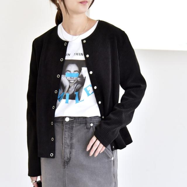 カランシエル（quaranciel）/quaranciel:〈洗濯機可能〉ポリエステル ベロア リブ コンパクト スナップ カーディガン