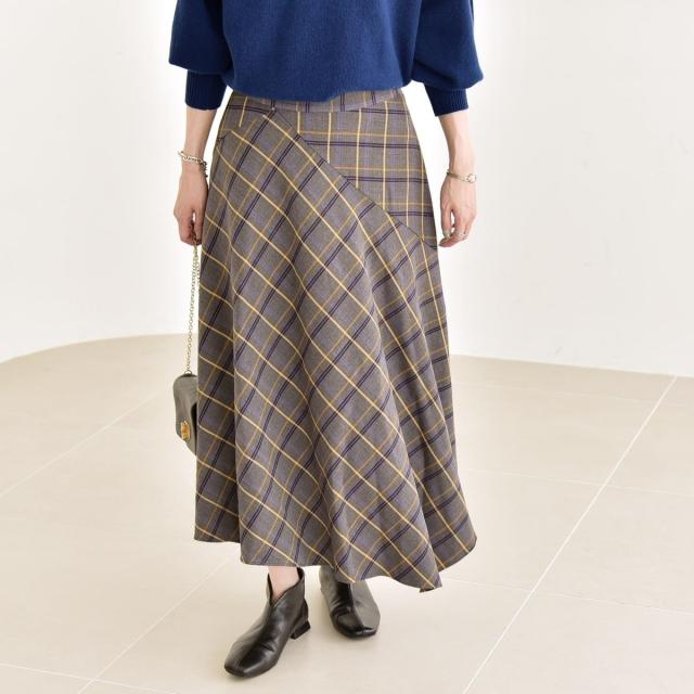 カランシエル（quaranciel）/quaranciel:〈洗濯機可能〉アシンメトリー ヘム フレア チェック スカート