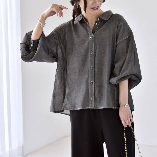 カランシエル（quaranciel）/quaranciel:〈洗濯機可能〉シアー デニム ギャザー レギュラー シャツ_1