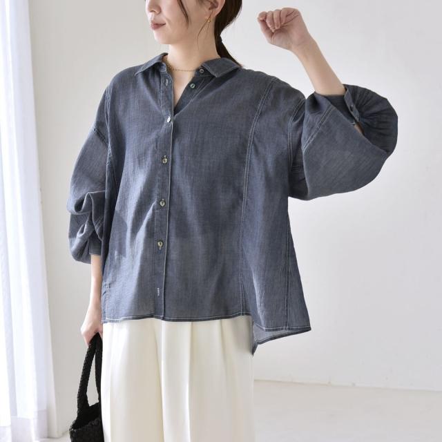 カランシエル（quaranciel）/quaranciel:〈洗濯機可能〉シアー デニム ギャザー レギュラー シャツ_16
