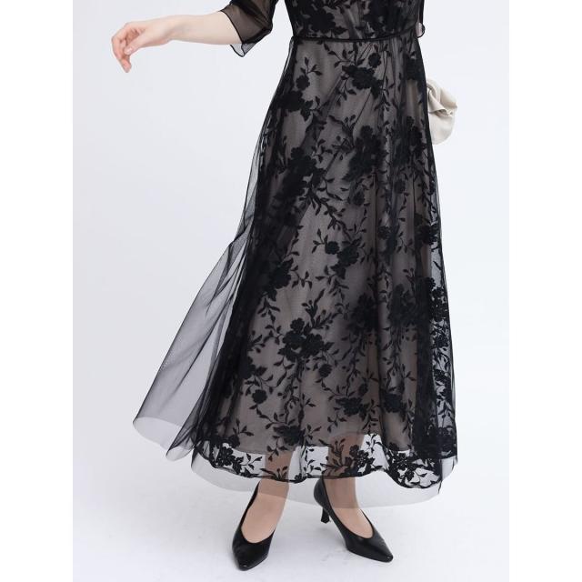 チュールレイヤードフラワー刺繍ドレス 黒 9号 総刺繍 シアー チュール