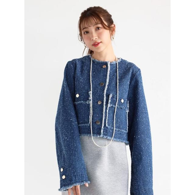 ヴァン（Vin）/ツイードフリンジノーカラーデニムジャケット