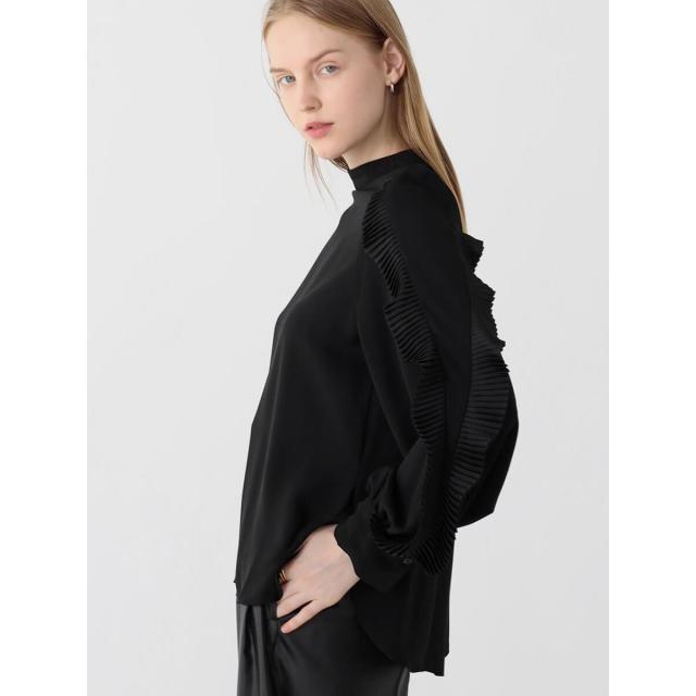 aga ロングスリーブプリーツフリルブラウス （ブラック）