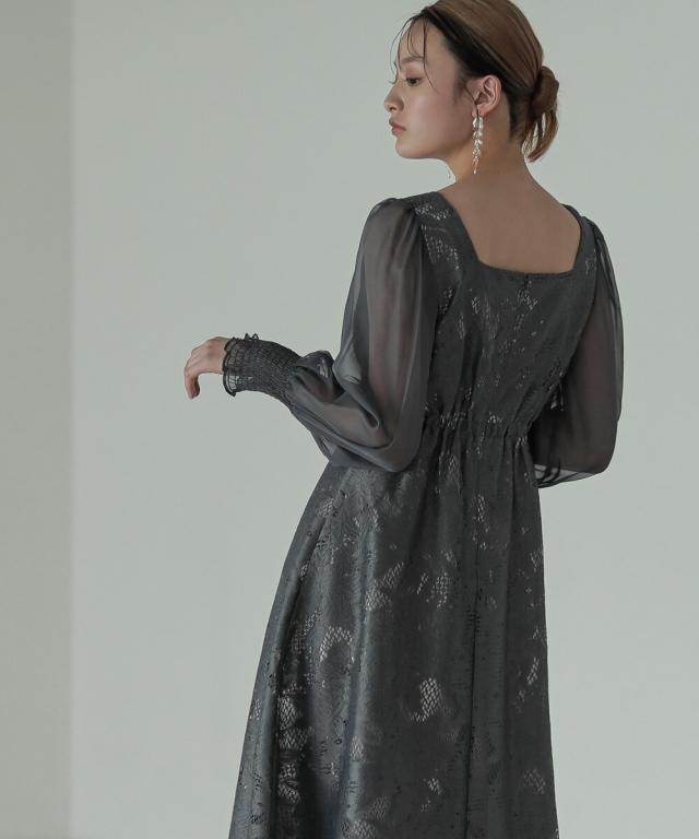 ビレイ（birei）/ジャガードレーススクエアネックフレアドレス