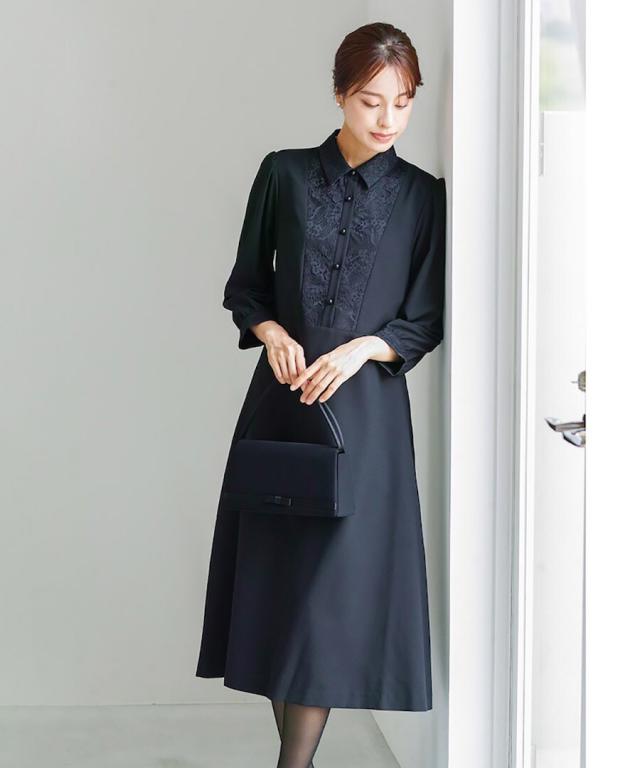 ホワイトジョーラ（WHITE JOOLA）/【洗濯機で洗える】喪服　WEB限定/胸元レース切り替えデザインブラックフォーマルワンピース_2