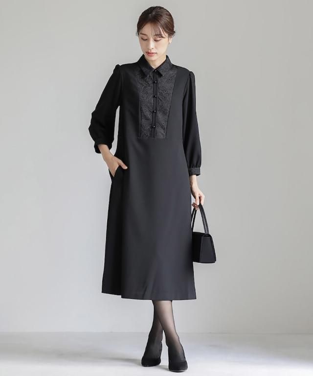 ホワイトジョーラ（WHITE JOOLA）/【洗濯機で洗える】喪服　WEB限定/胸元レース切り替えデザインブラックフォーマルワンピース