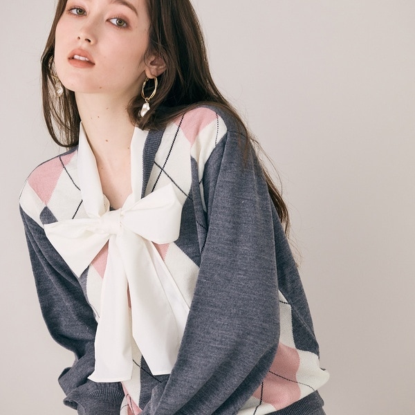 オーディア ミューズ（Audie a Muses）/アーガイルリボンタイ付きニットプルオーバー