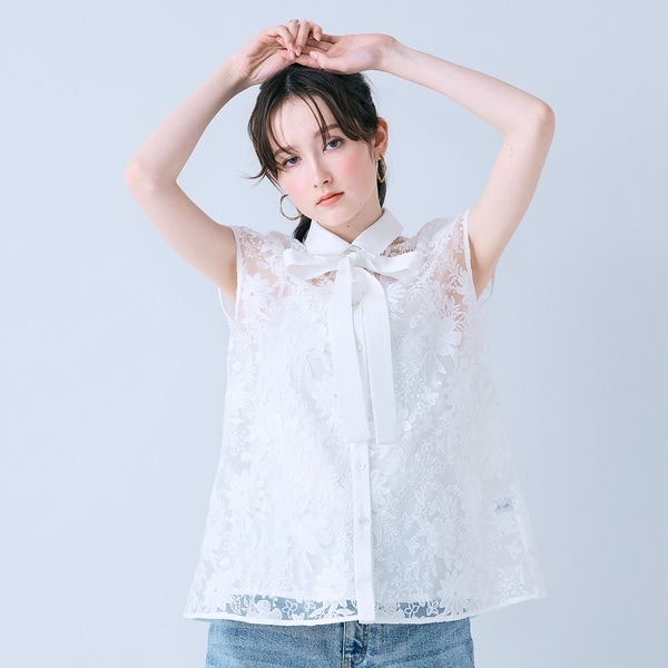 オーディア ミューズ（Audie a Muses）/刺繍レースボウタイ付きシャツブラウス