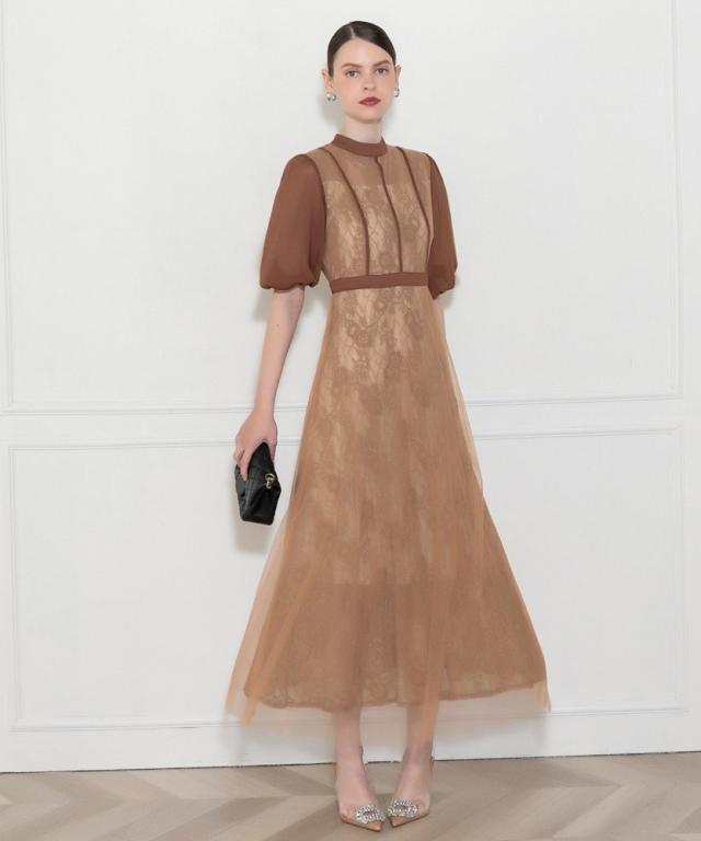 レジャ（Leja）/【LEJA】美脚効果ハイウエストチュールレース切り替えドレスワンピース