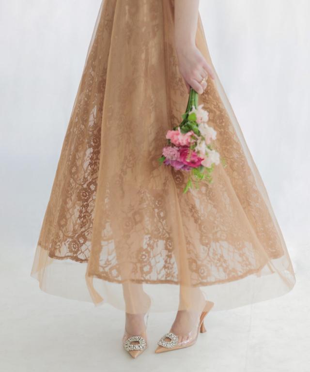 LEJA】美脚効果ハイウエストチュールレース切り替えドレス レジャ Leja