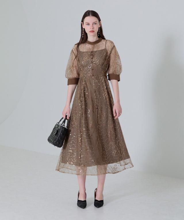 レジャ（Leja）/【LEJA】配色パイピングレーススパンコール刺繍パフスリーブフレアドレスの通販は