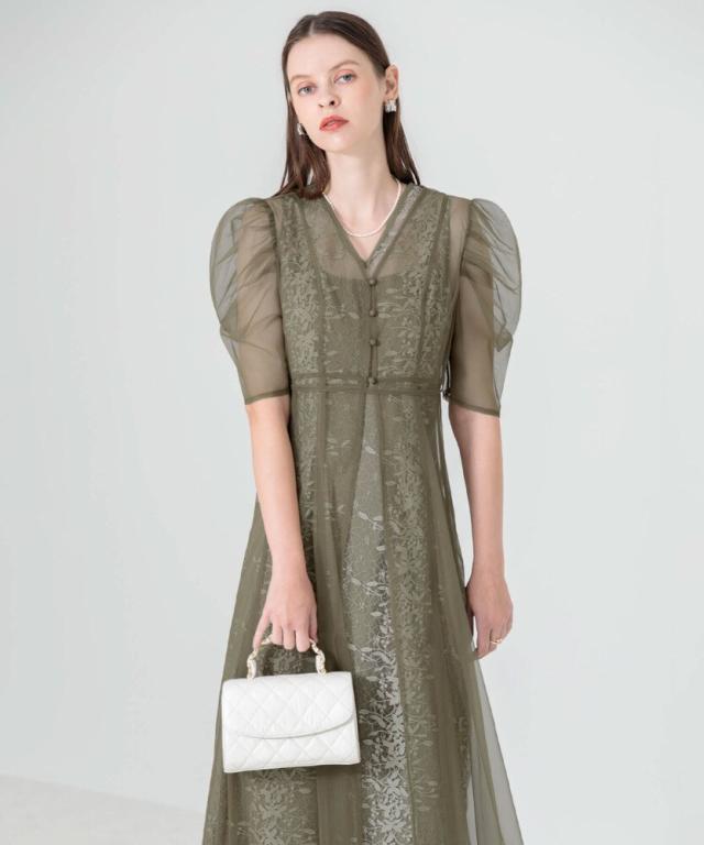 LEJA、花柄レースパフスリーブウエストリボンセットアップドレス レジャ Leja 花柄総レースパフスリーブウエストリボンキャミ