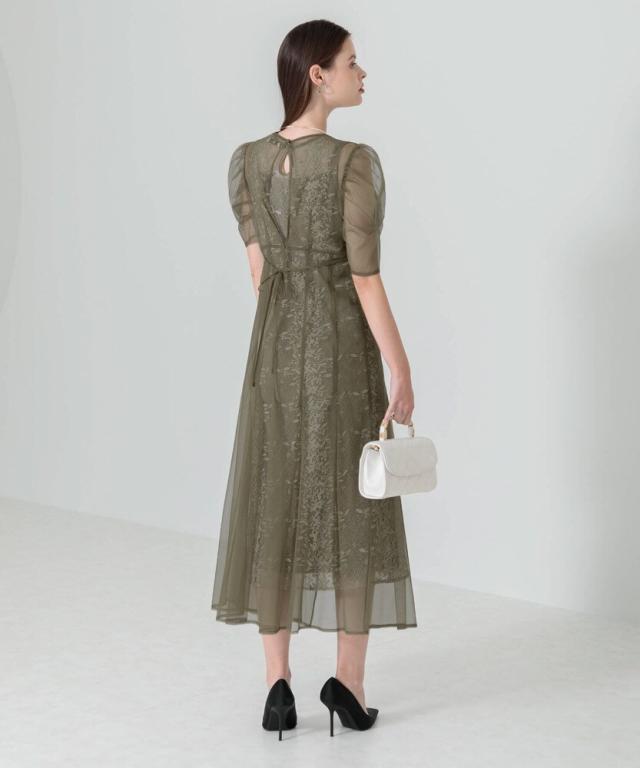 Leja 花柄総レースパフスリーブウエストリボンキャミワンピースセットアップ Leja（レジャ）の「【LEJA】花柄総レースパフスリーブウエストリボン