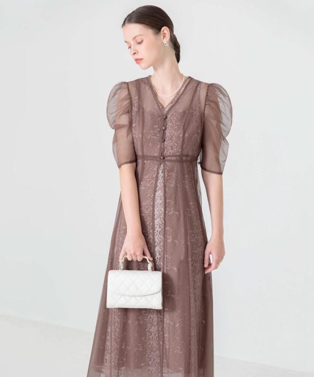 LEJA、花柄レースパフスリーブウエストリボンセットアップドレス Leja（レジャ）の「【LEJA】花柄総レースパフスリーブウエスト