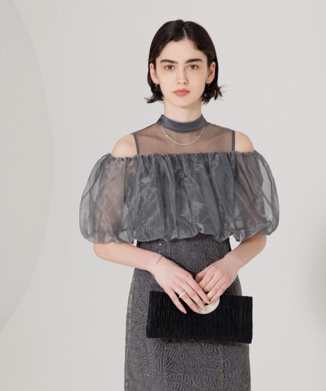 LEJA 2WAYオフショルダーパフスリーブスリットIラインワンピース ドレス セール】【LEJA】2WAYオフショルダーパフスリーブスリットI