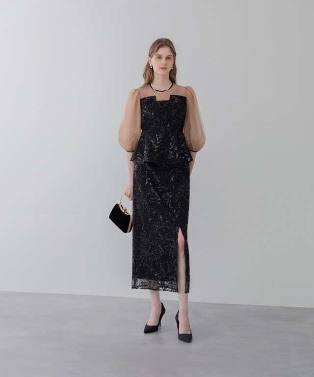 レジャ（Leja）/シアーパフスリーブペプラムスパンコール花柄Iラインドレスの通販は