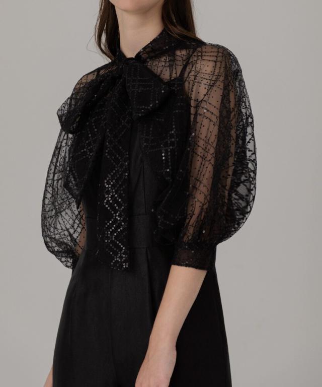 レジャ（Leja）/ドット柄スパンコールパフスリーブオールインワンドレス