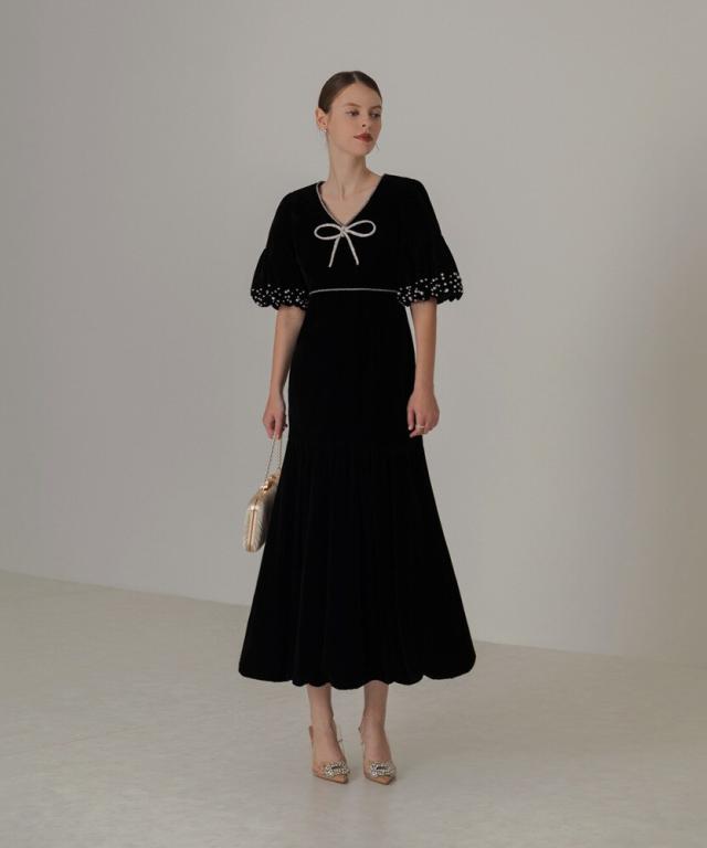 レジャ（Leja）/パールストーンリボンベロアギャザードレス レジャ（Leja）/パールストーンリボンベロアギャザードレス