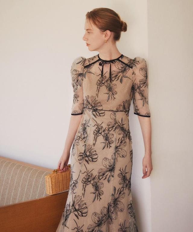 レジャ（Leja）/花柄リボンパフスリーブマーメイドワンピースドレス