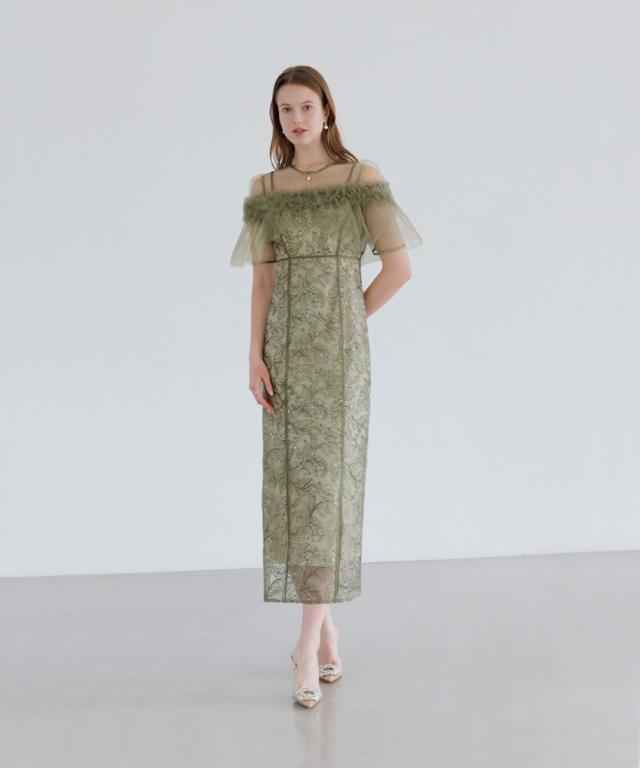 レジャ（Leja）/花柄刺繍チュールアシンメトリーIラインドレス