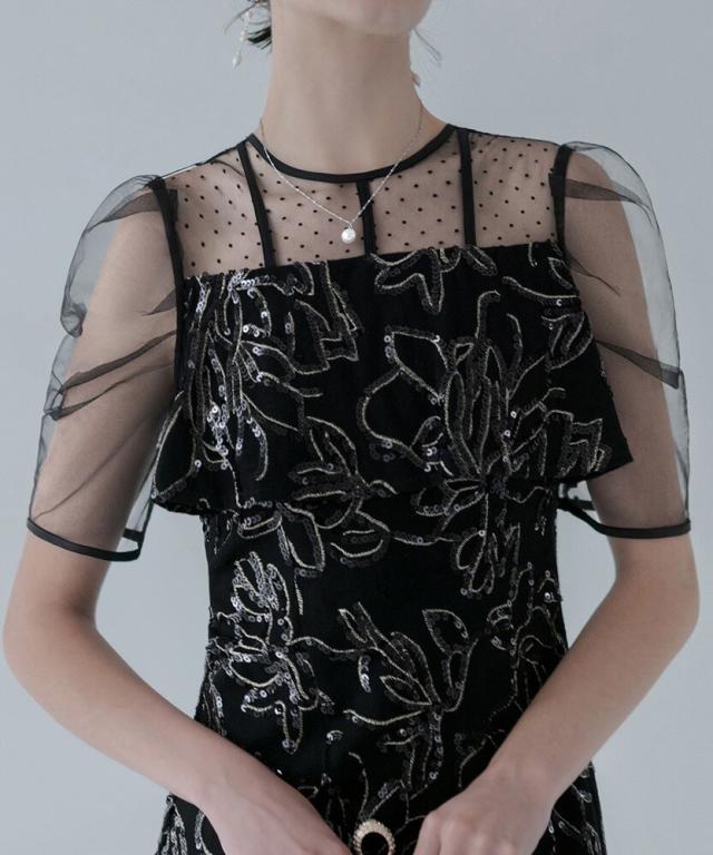 Leja パーティードレス 黒 スパンコール レース Leja 花柄レースカラー