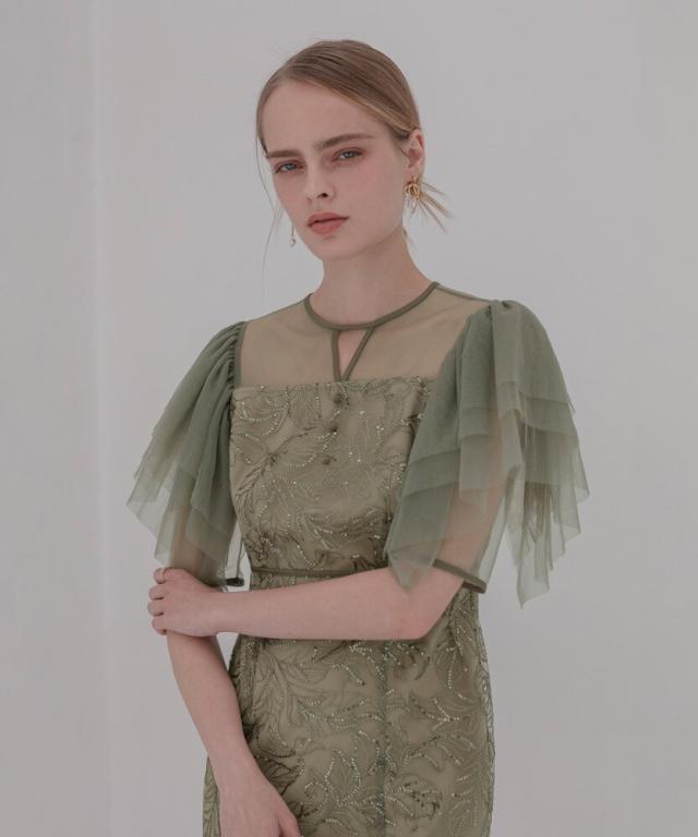 ドレス 「LEJA」スパンコール刺しゅうボタニカルマーメイドケープ