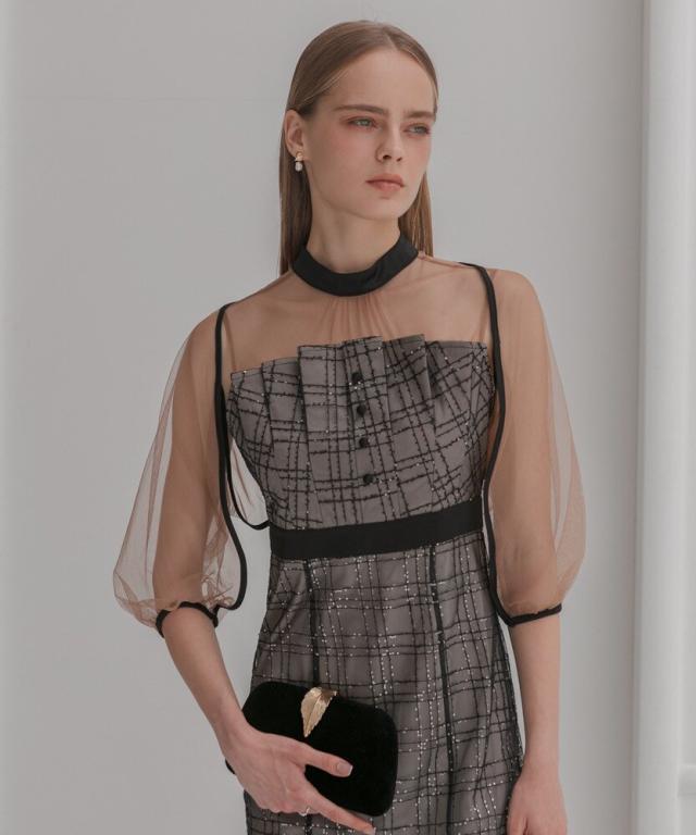 LEJA チェックスパンコールリボンワンピースドレス 結婚式 パーティ