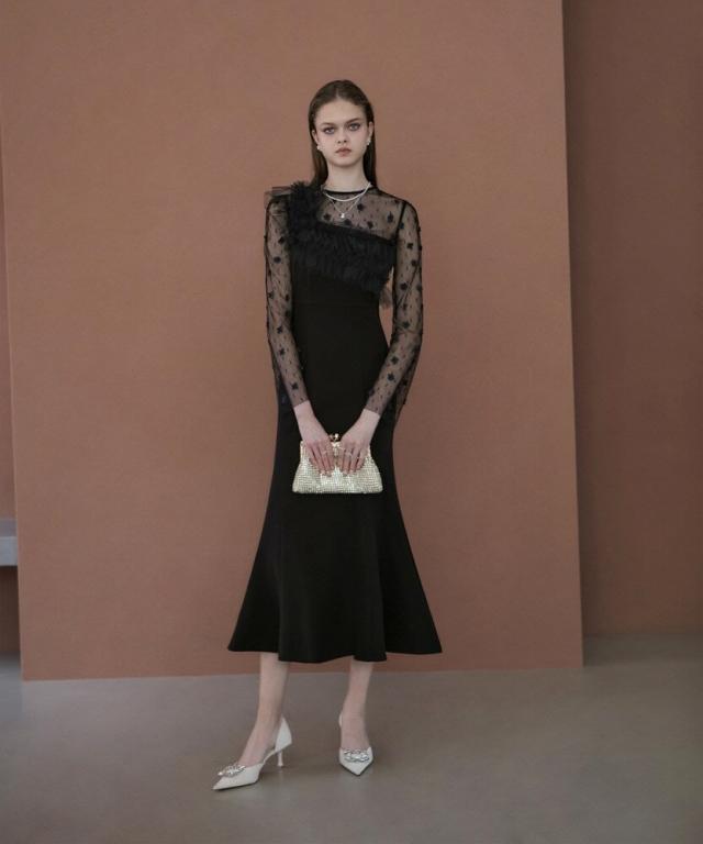 レジャ（Leja）/フラワーモチーフアシンメトリーチュールマーメイドワンピースドレス