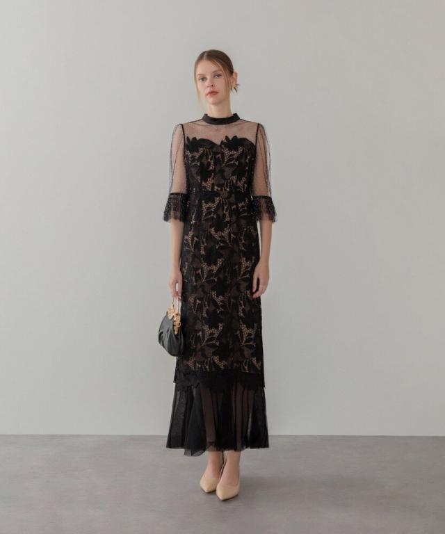 レジャ（Leja）/フラワーレースドットストーンチュールIラインワンピースドレス